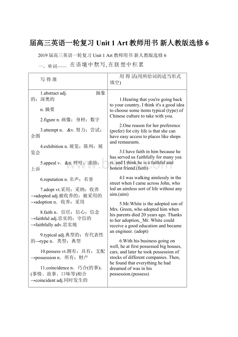 届高三英语一轮复习 Unit 1 Art教师用书 新人教版选修6.docx