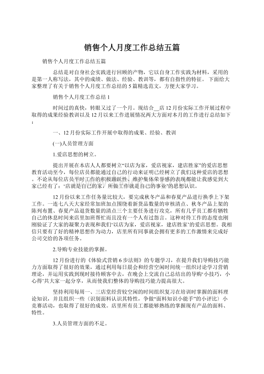 销售个人月度工作总结五篇文档格式.docx