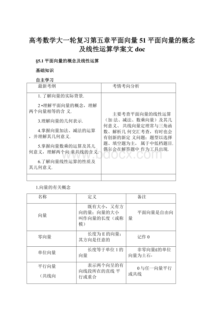 高考数学大一轮复习第五章平面向量51平面向量的概念及线性运算学案文doc.docx