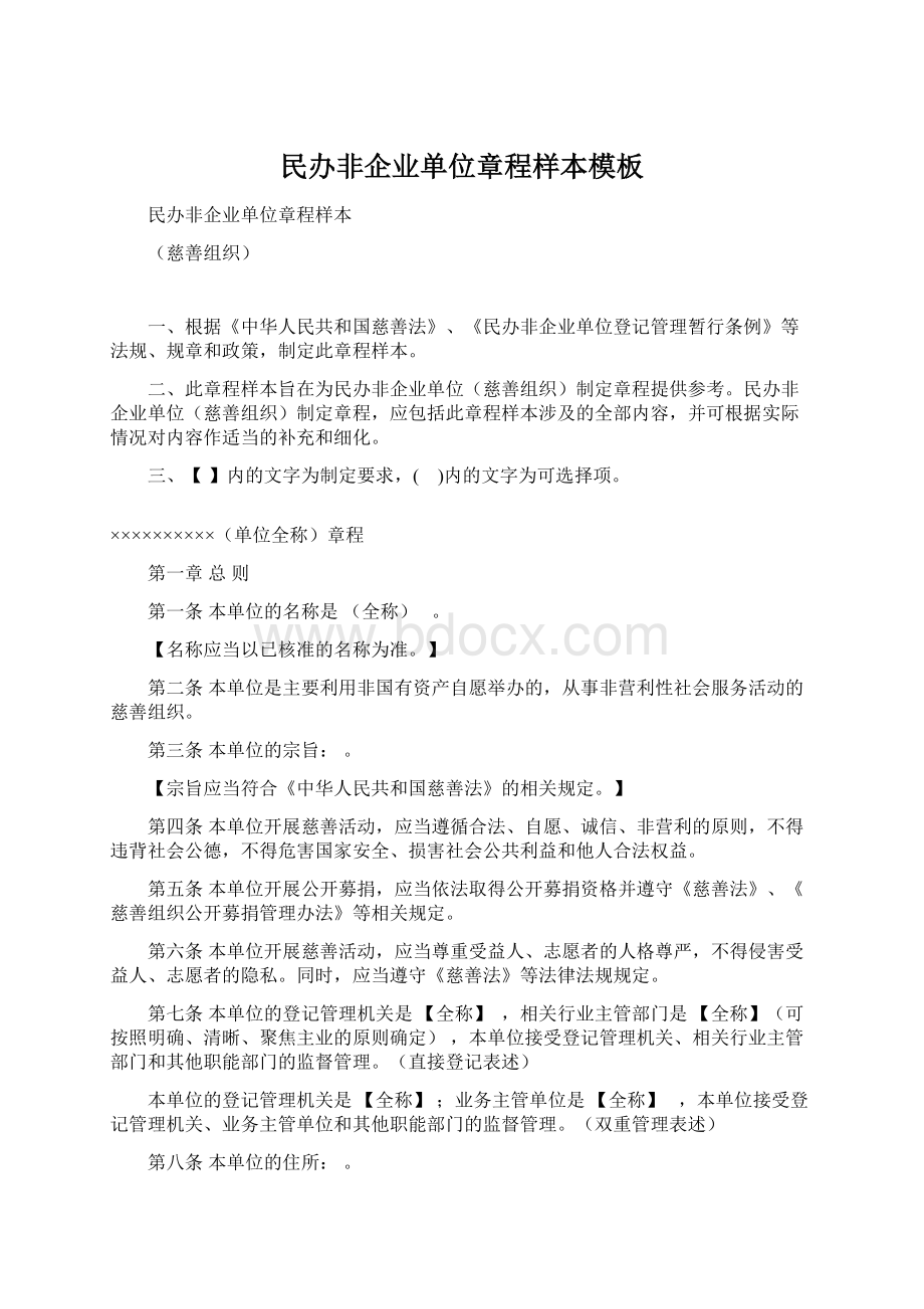 民办非企业单位章程样本模板Word格式文档下载.docx