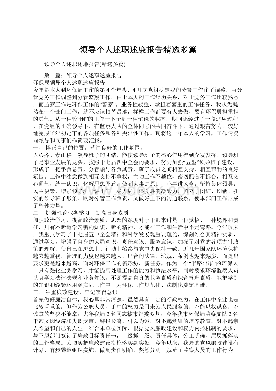 领导个人述职述廉报告精选多篇Word格式.docx