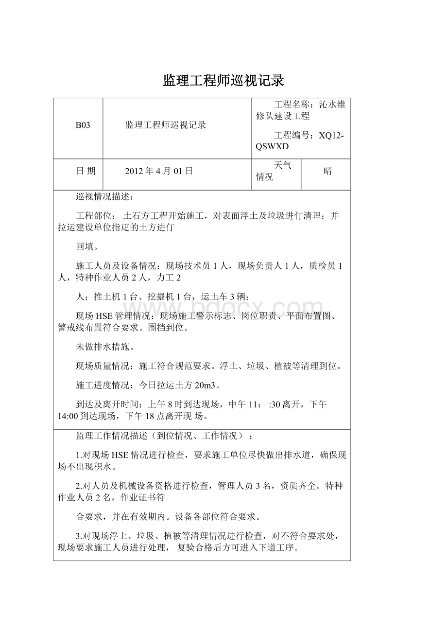 监理工程师巡视记录Word文件下载.docx