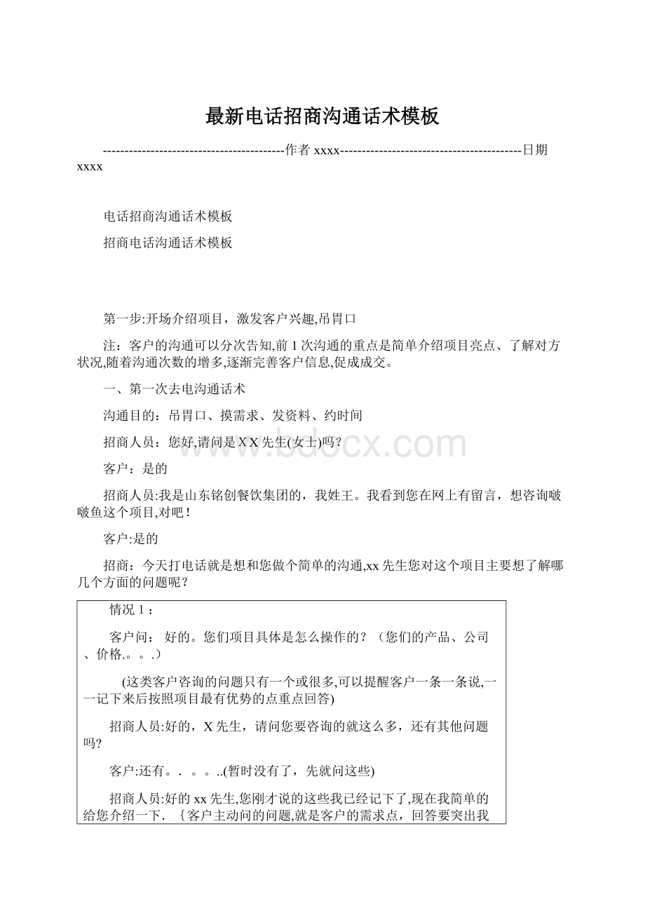 最新电话招商沟通话术模板Word文件下载.docx