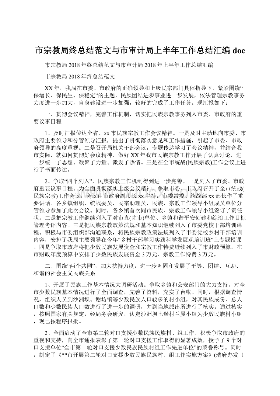 市宗教局终总结范文与市审计局上半年工作总结汇编docWord文档格式.docx