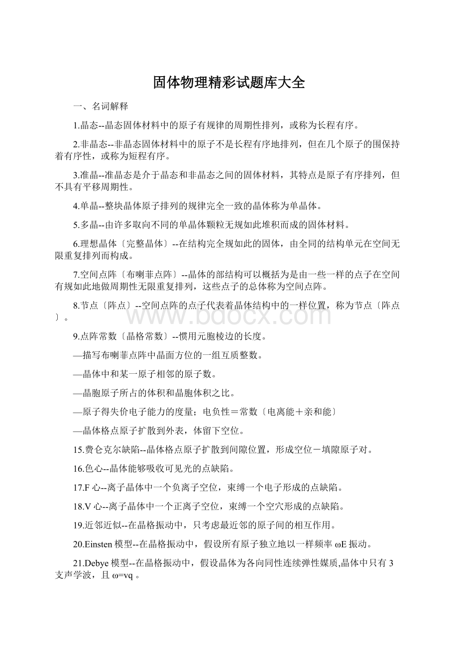 固体物理精彩试题库大全Word文档格式.docx