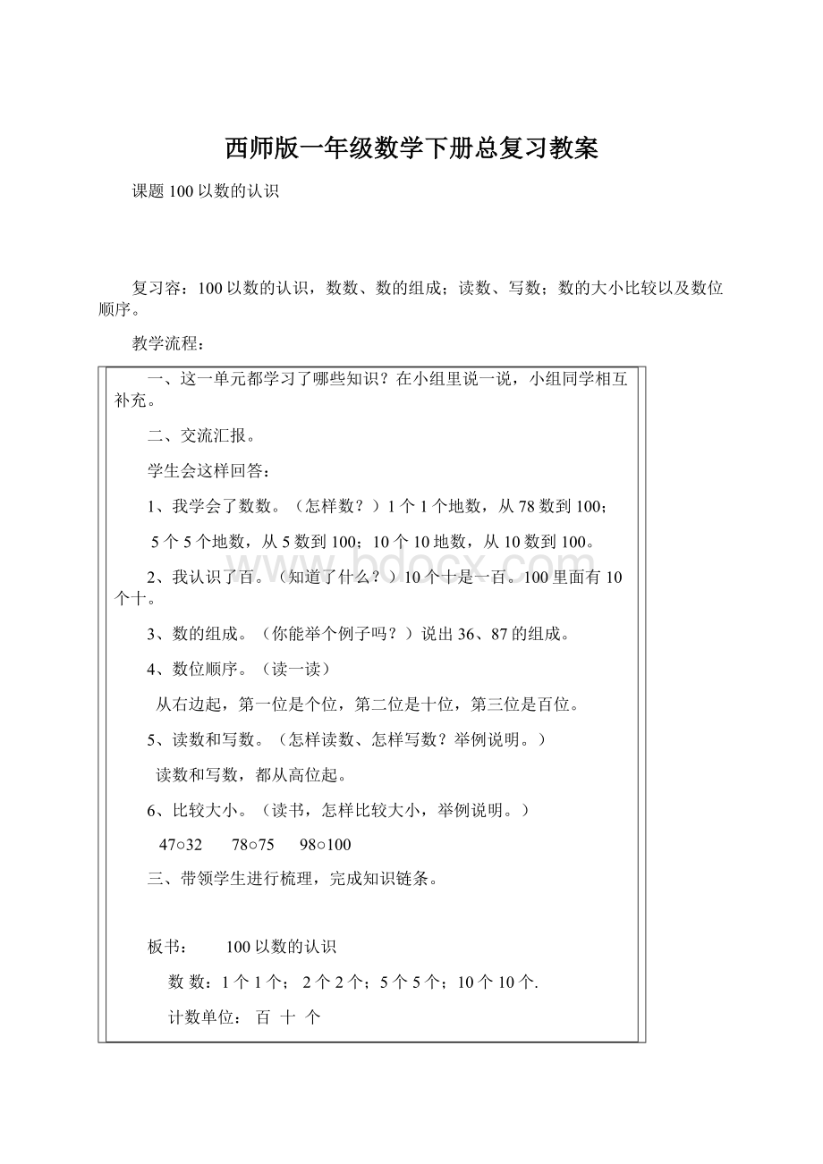 西师版一年级数学下册总复习教案.docx