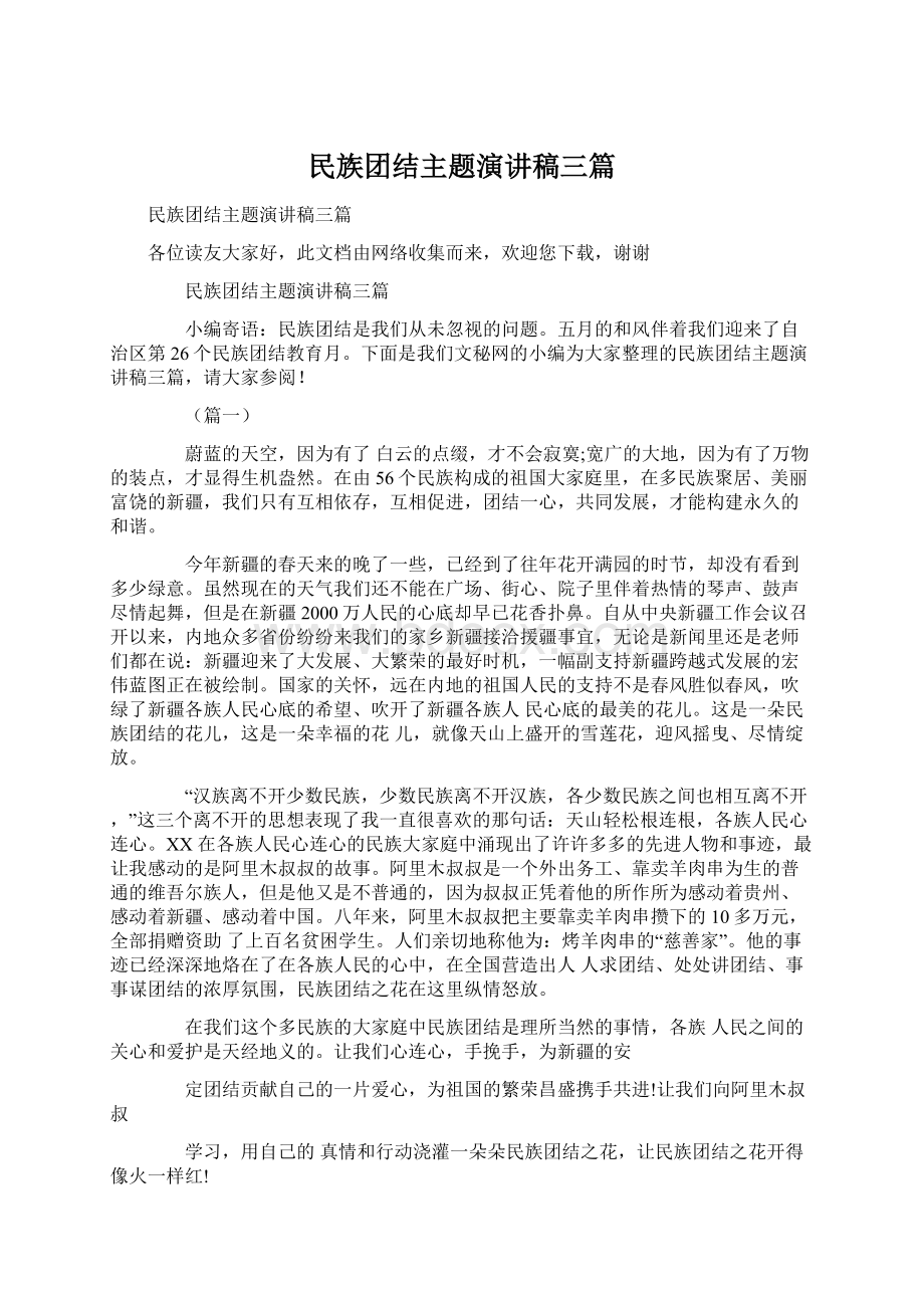 民族团结主题演讲稿三篇Word文档格式.docx