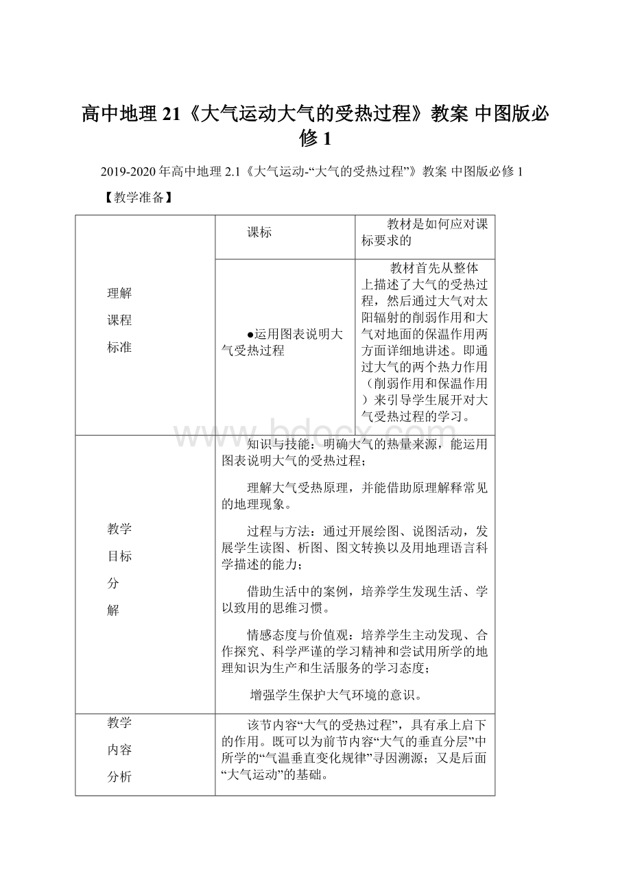 高中地理 21《大气运动大气的受热过程》教案 中图版必修1.docx