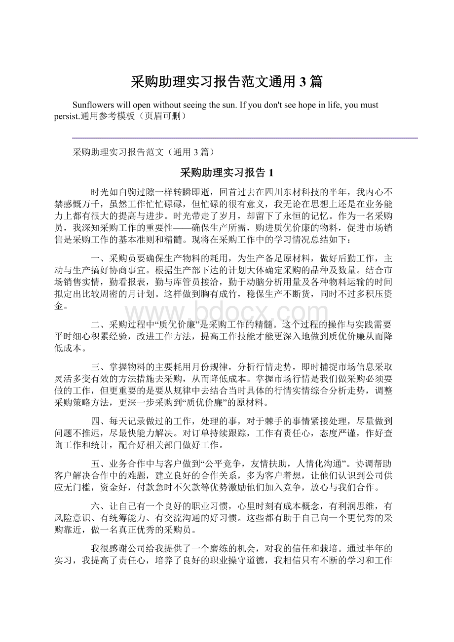 采购助理实习报告范文通用3篇Word格式.docx_第1页