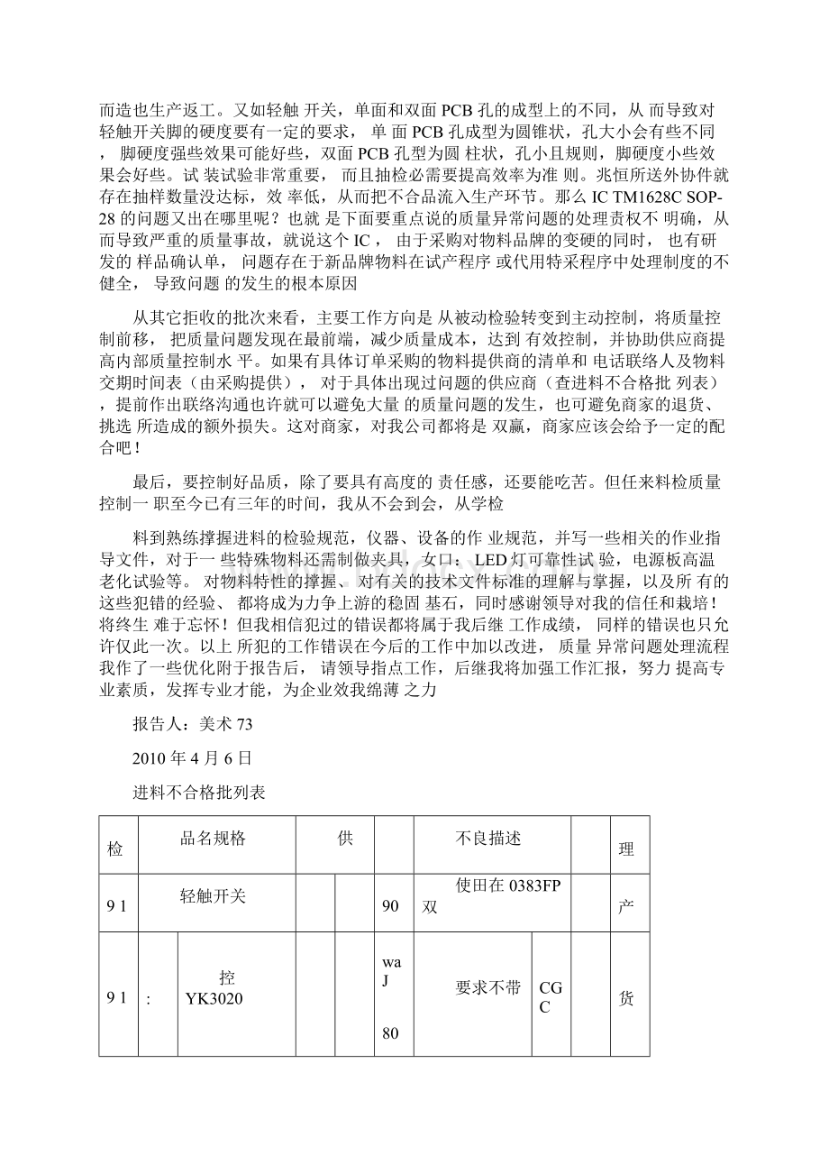 进料检验工作报告Word文档下载推荐.docx_第2页