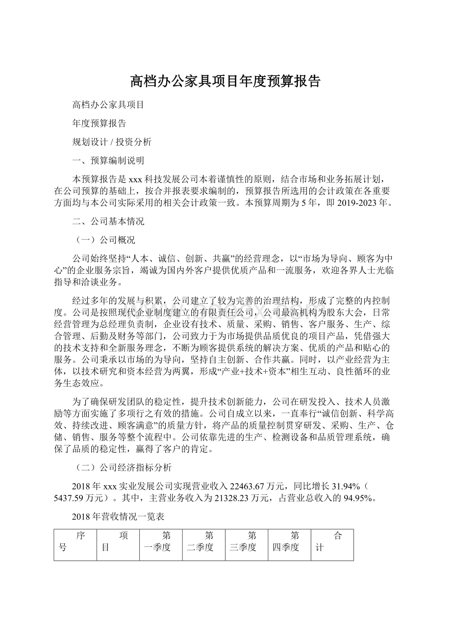 高档办公家具项目年度预算报告Word文档格式.docx