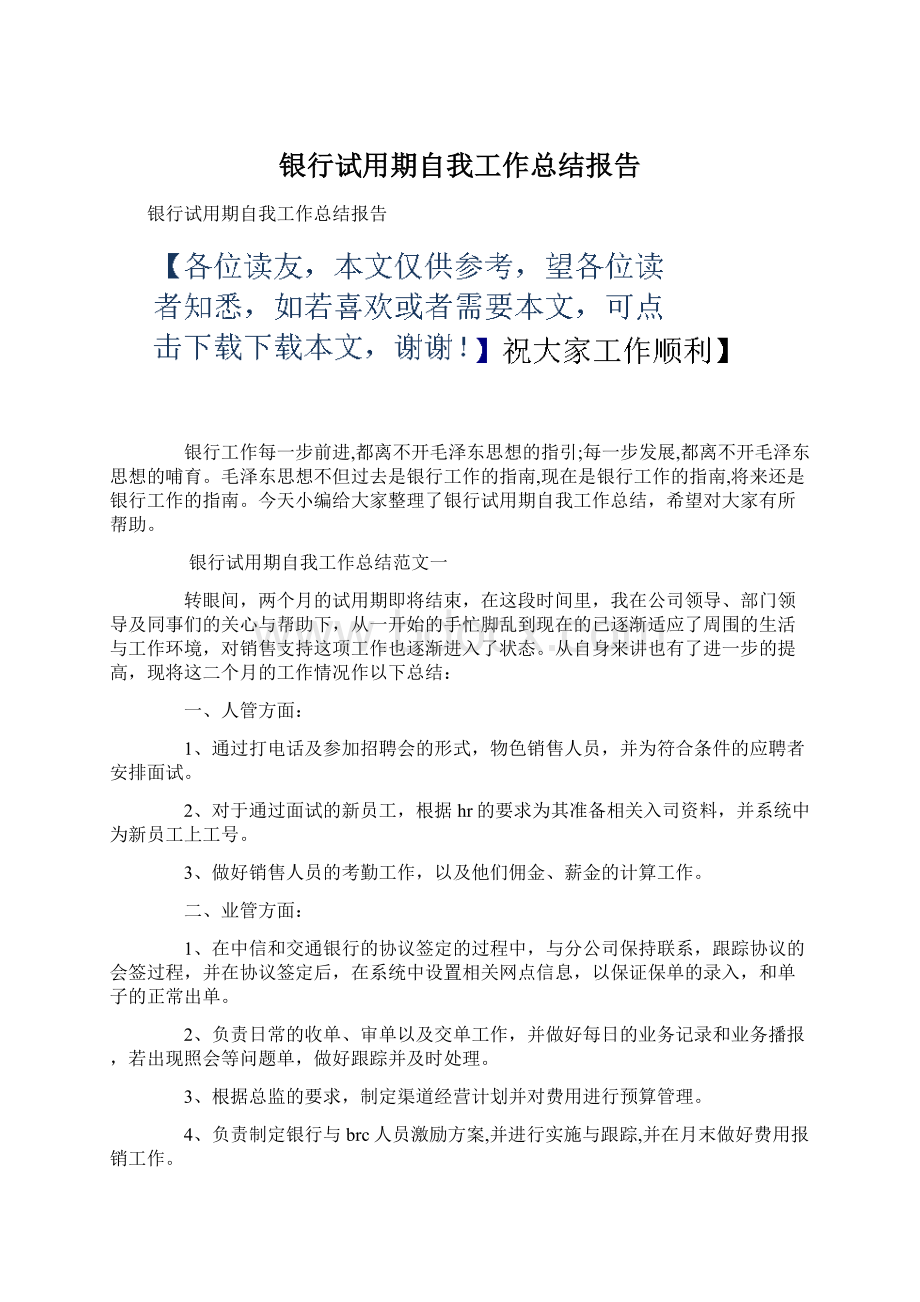 银行试用期自我工作总结报告.docx_第1页