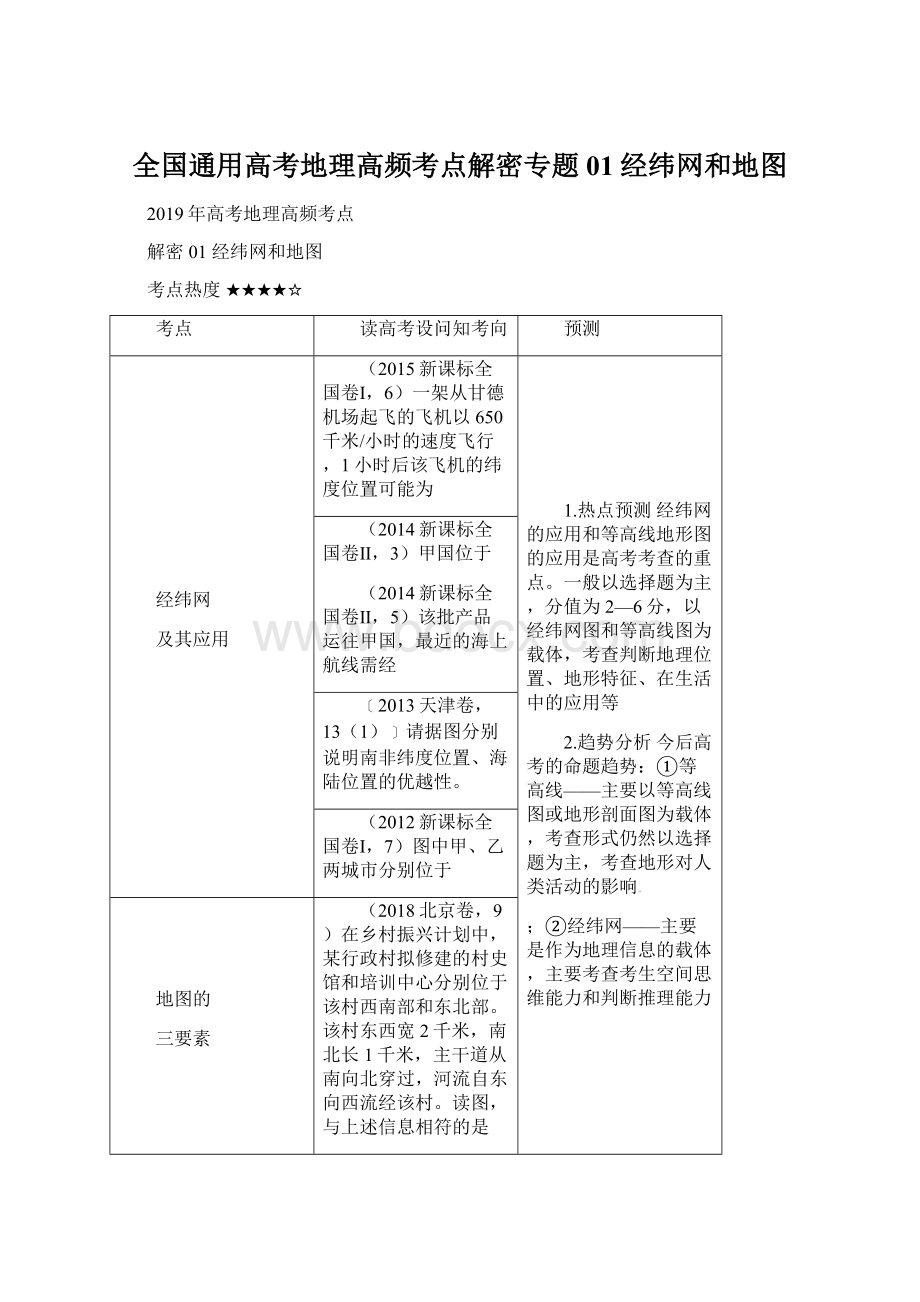 全国通用高考地理高频考点解密专题01经纬网和地图Word格式文档下载.docx