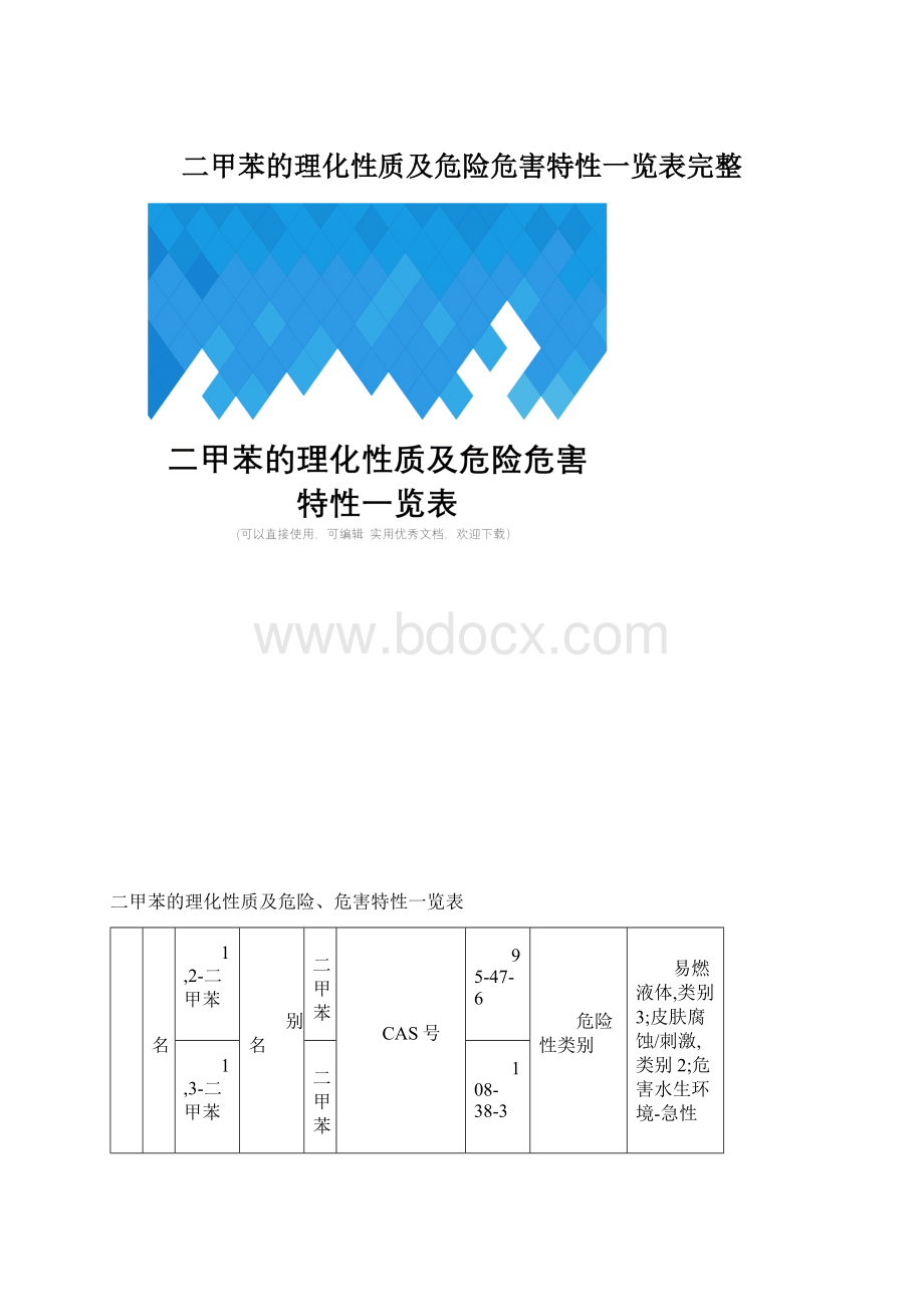 二甲苯的理化性质及危险危害特性一览表完整.docx