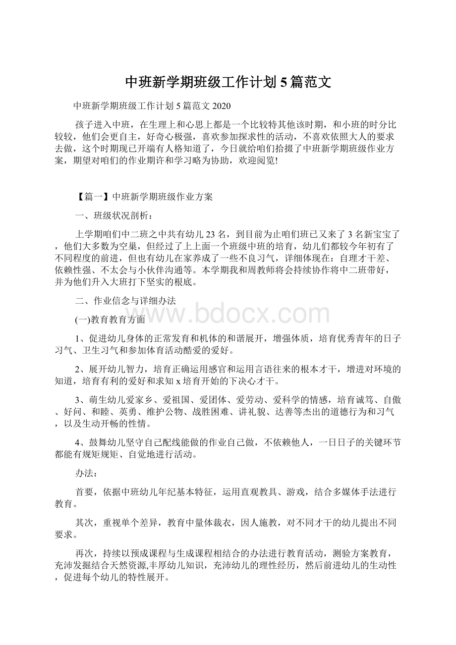 中班新学期班级工作计划5篇范文Word文件下载.docx_第1页