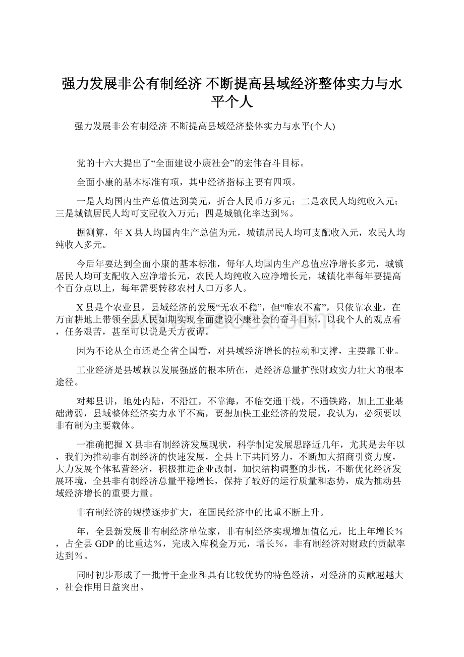 强力发展非公有制经济 不断提高县域经济整体实力与水平个人.docx