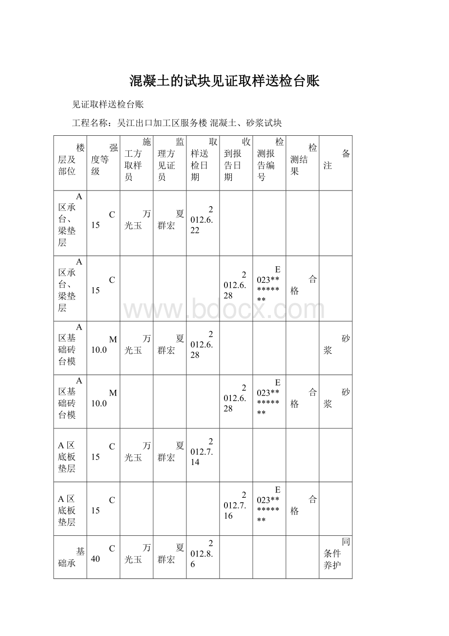 混凝土的试块见证取样送检台账.docx_第1页