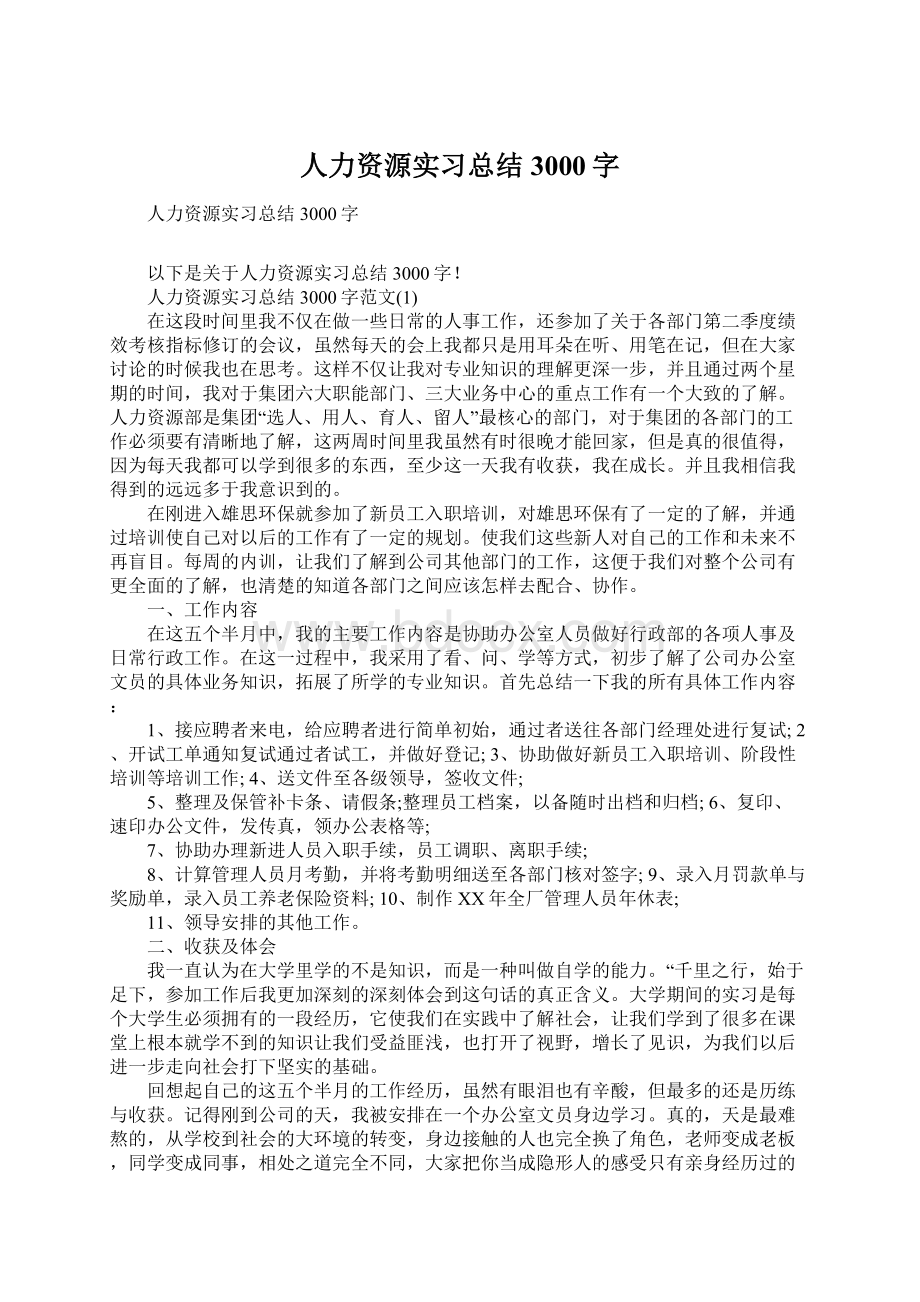 人力资源实习总结3000字.docx_第1页