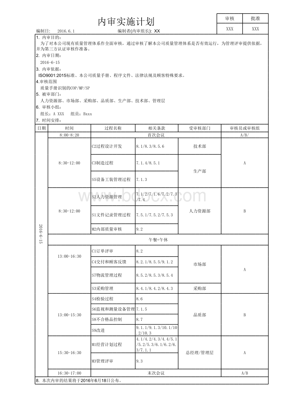 ISO9001-2015内部审核计划(过程方法)表格文件下载.xls