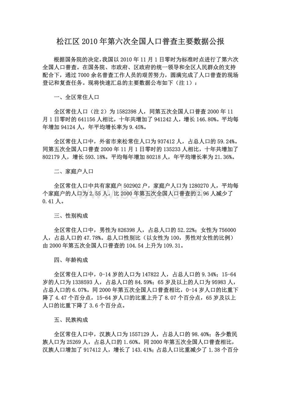 0915-上海市松江区2010年第六次全国人口普查主要数据公报.doc_第1页