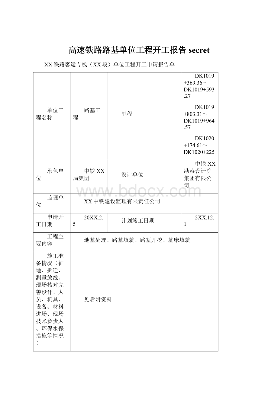 高速铁路路基单位工程开工报告secretWord文档格式.docx_第1页