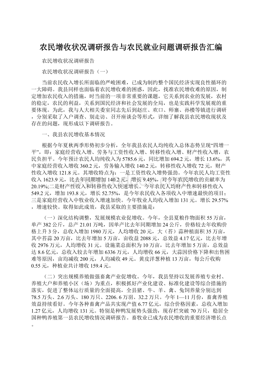 农民增收状况调研报告与农民就业问题调研报告汇编Word文档下载推荐.docx_第1页