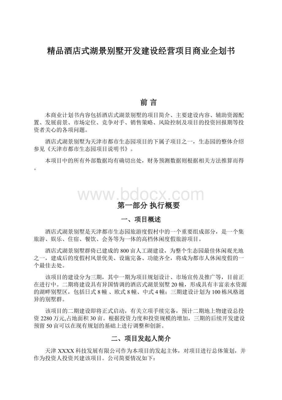 精品酒店式湖景别墅开发建设经营项目商业企划书文档格式.docx