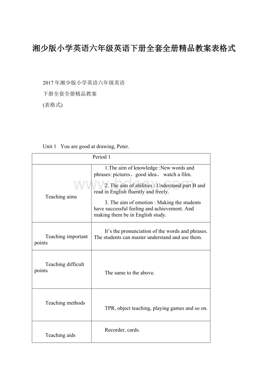 湘少版小学英语六年级英语下册全套全册精品教案表格式.docx_第1页