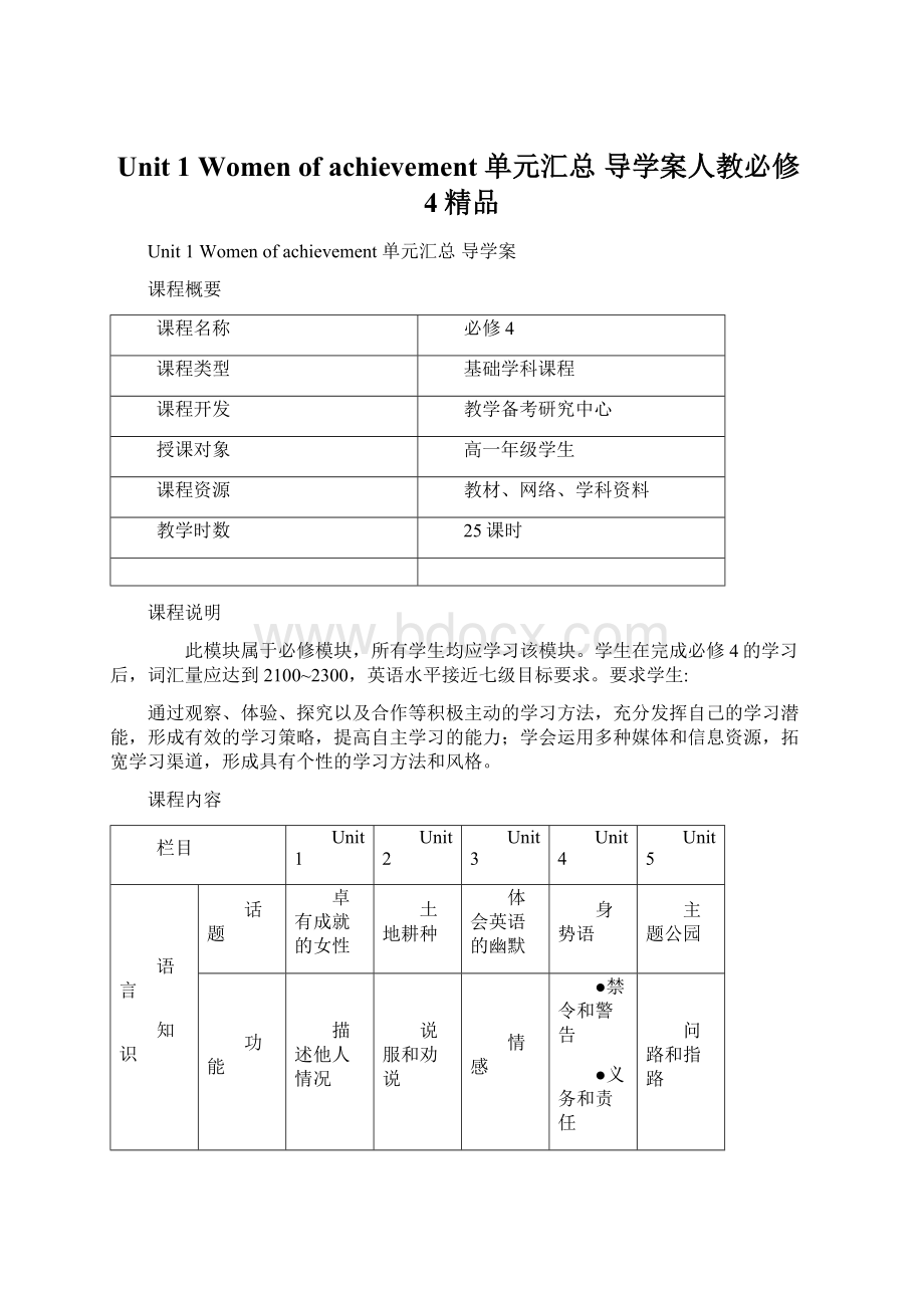 Unit 1 Women of achievement 单元汇总 导学案人教必修4精品.docx_第1页