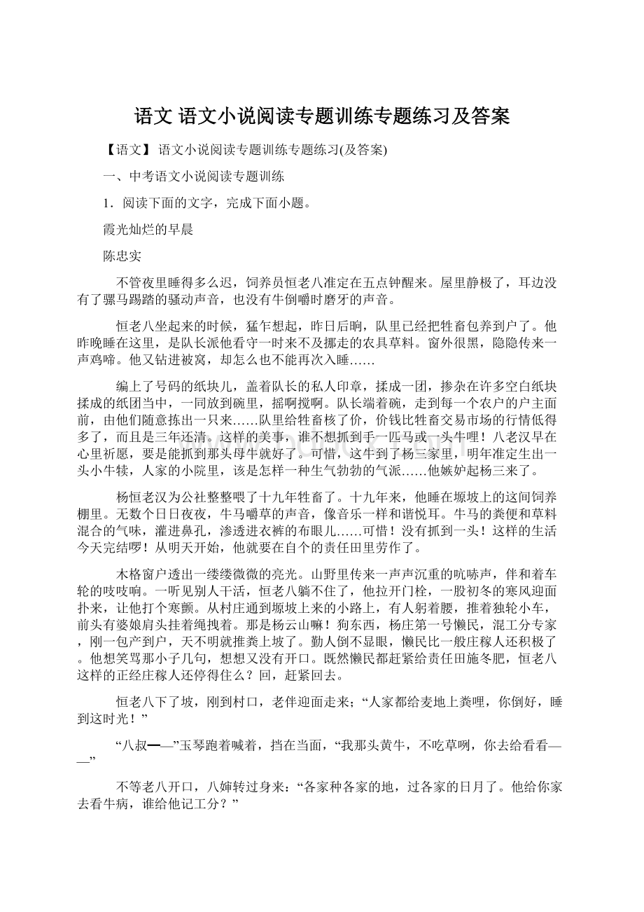 语文 语文小说阅读专题训练专题练习及答案.docx_第1页