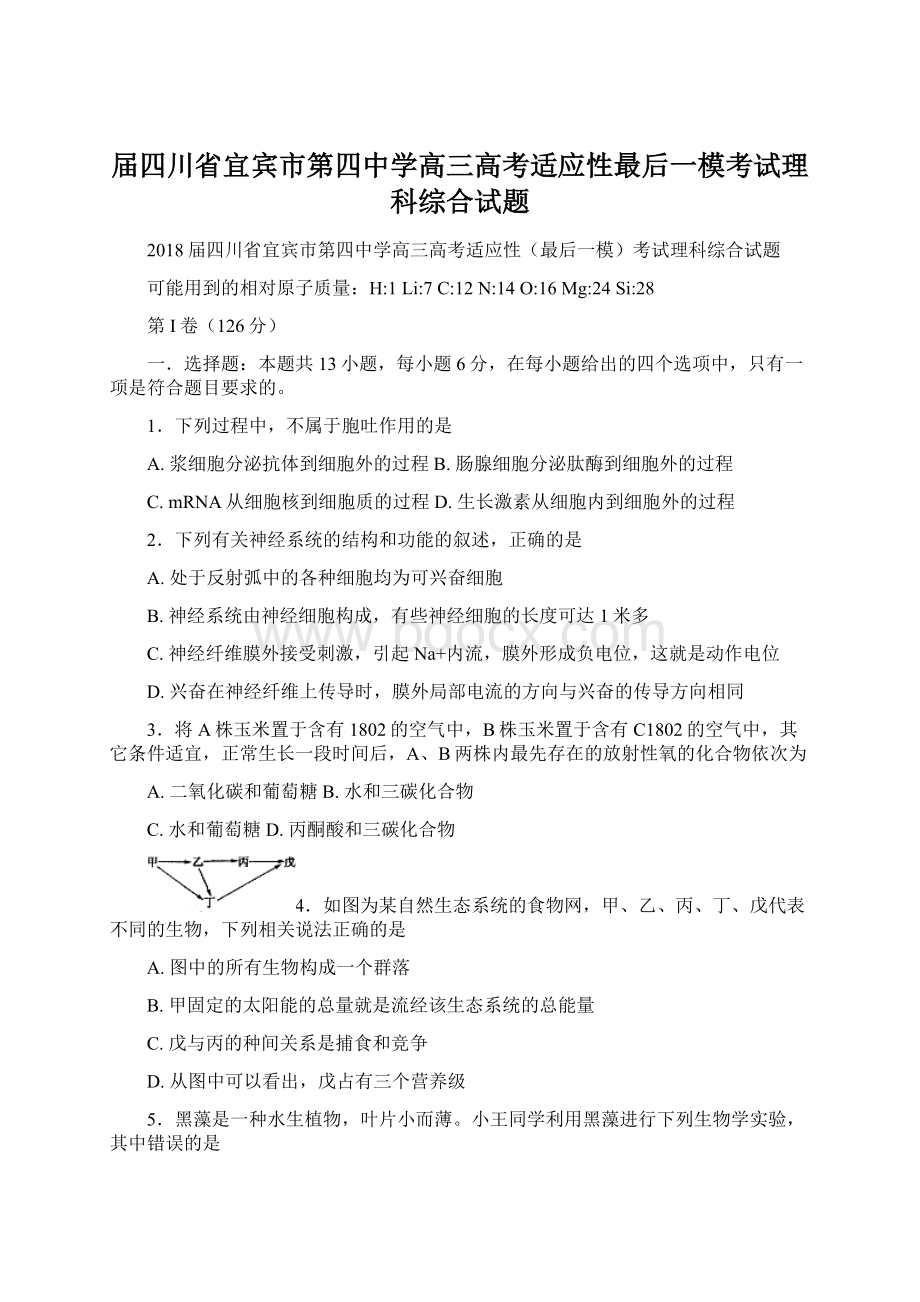 届四川省宜宾市第四中学高三高考适应性最后一模考试理科综合试题文档格式.docx_第1页