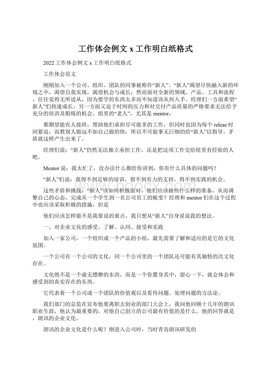 工作体会例文x工作明白纸格式Word文档下载推荐.docx