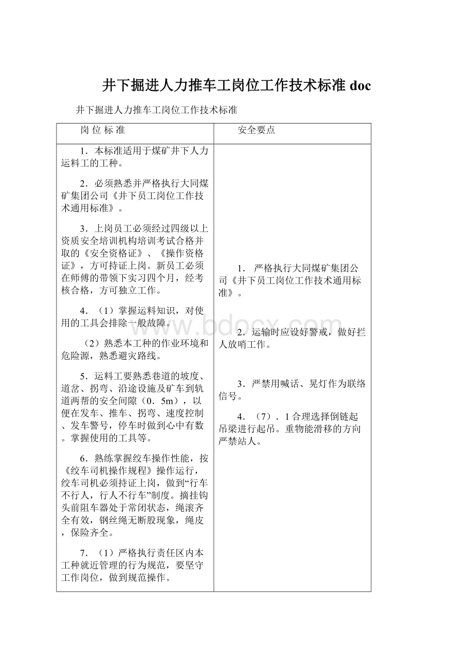 井下掘进人力推车工岗位工作技术标准docWord文档格式.docx