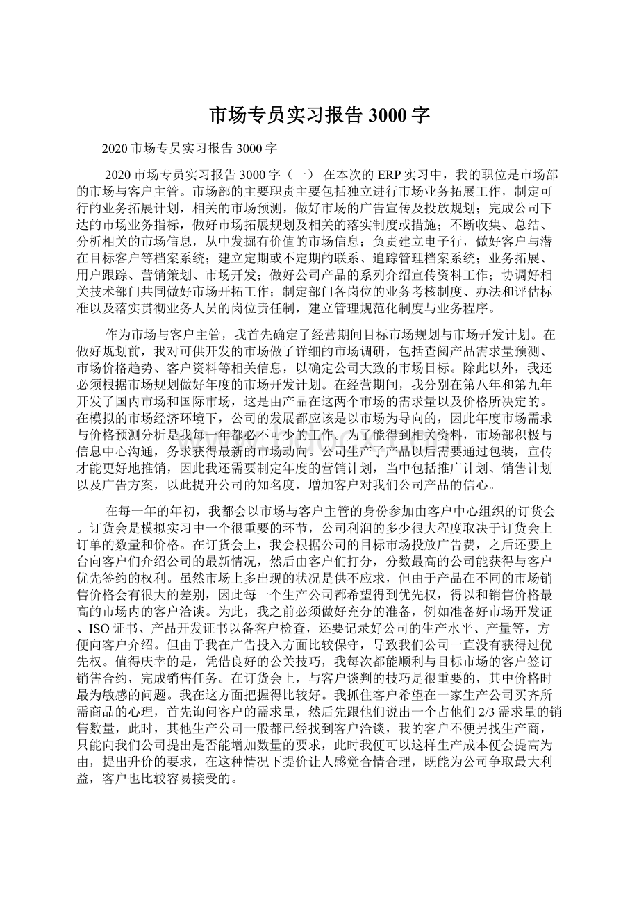 市场专员实习报告3000字文档格式.docx