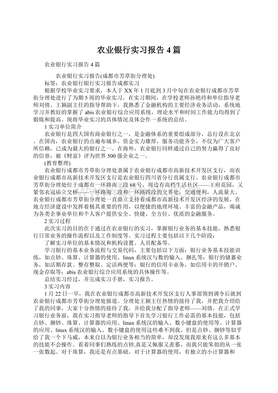 农业银行实习报告4篇Word下载.docx