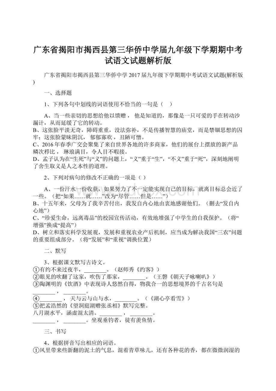 广东省揭阳市揭西县第三华侨中学届九年级下学期期中考试语文试题解析版文档格式.docx