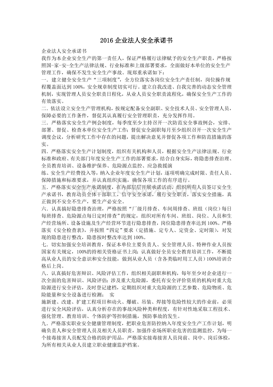 企业法人安全承诺书文档格式.doc_第1页