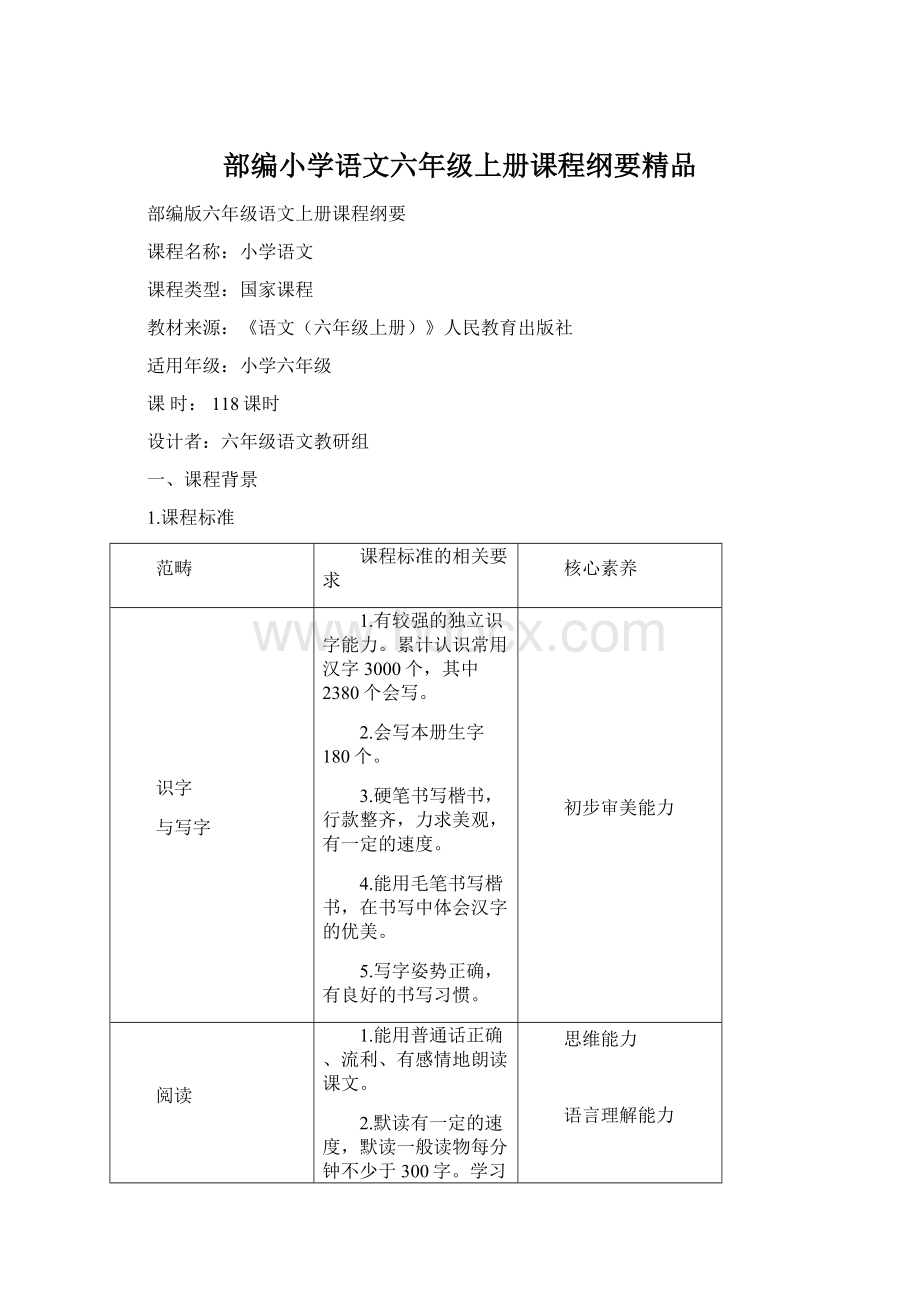 部编小学语文六年级上册课程纲要精品Word下载.docx_第1页