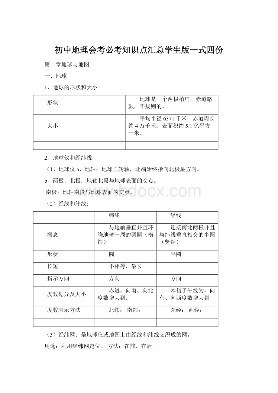 初中地理会考必考知识点汇总学生版一式四份Word文档格式.docx