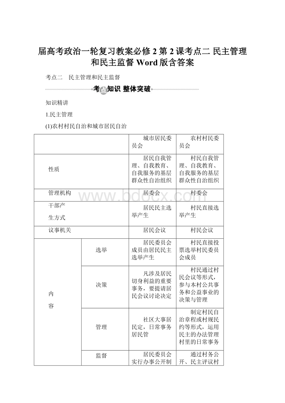 届高考政治一轮复习教案必修2第2课考点二 民主管理和民主监督 Word版含答案.docx_第1页