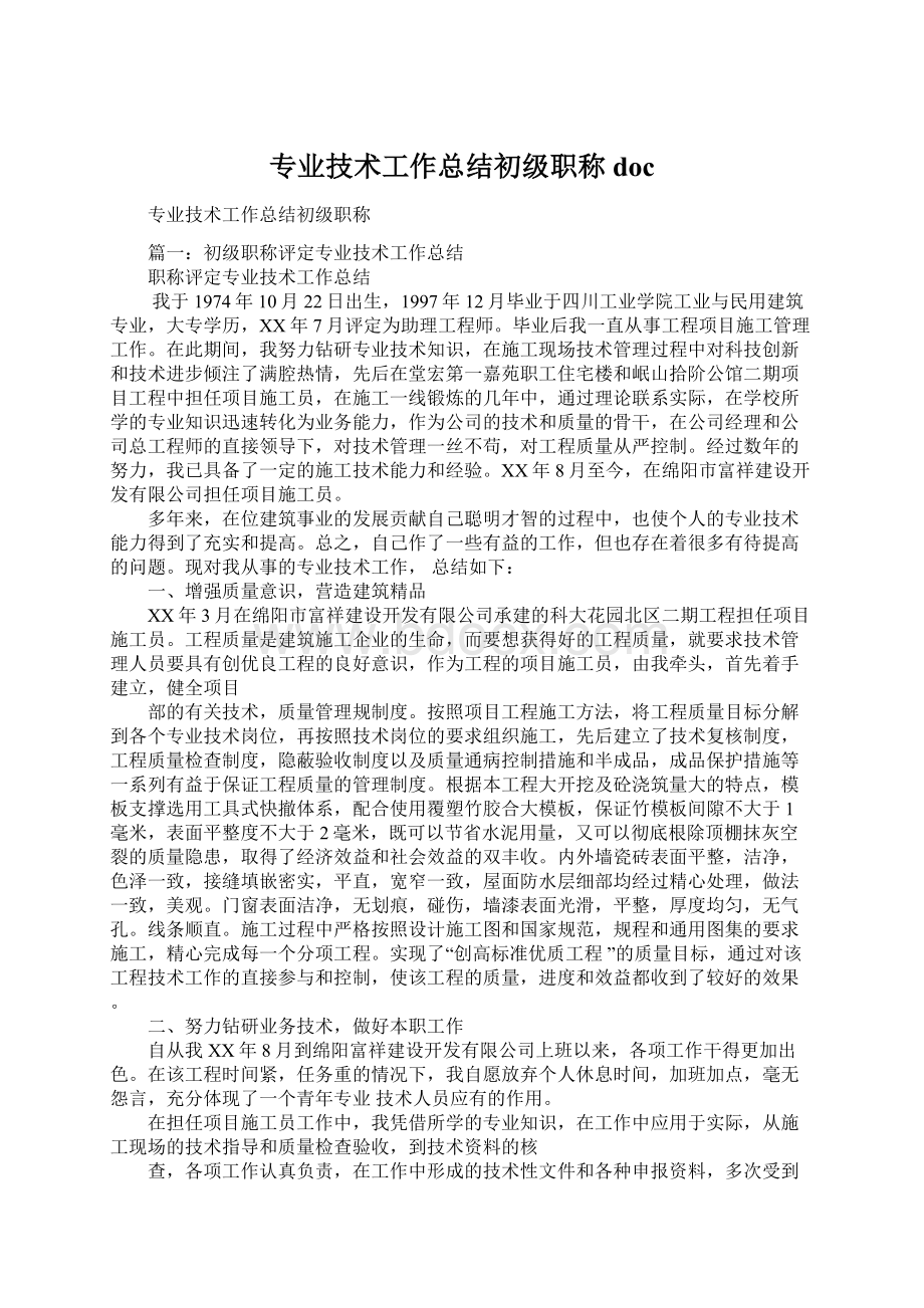 专业技术工作总结初级职称docWord格式文档下载.docx_第1页