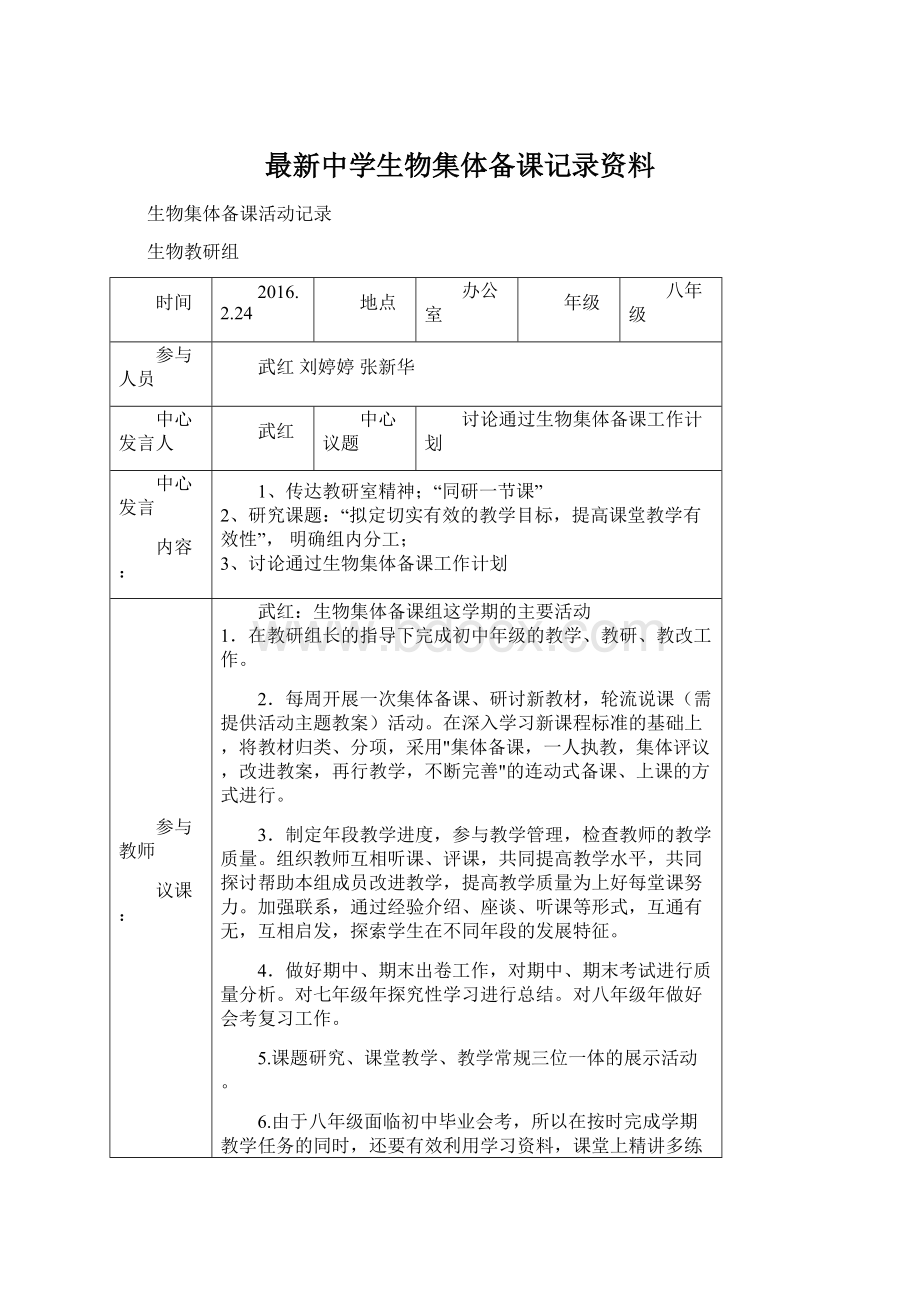 最新中学生物集体备课记录资料Word格式.docx_第1页