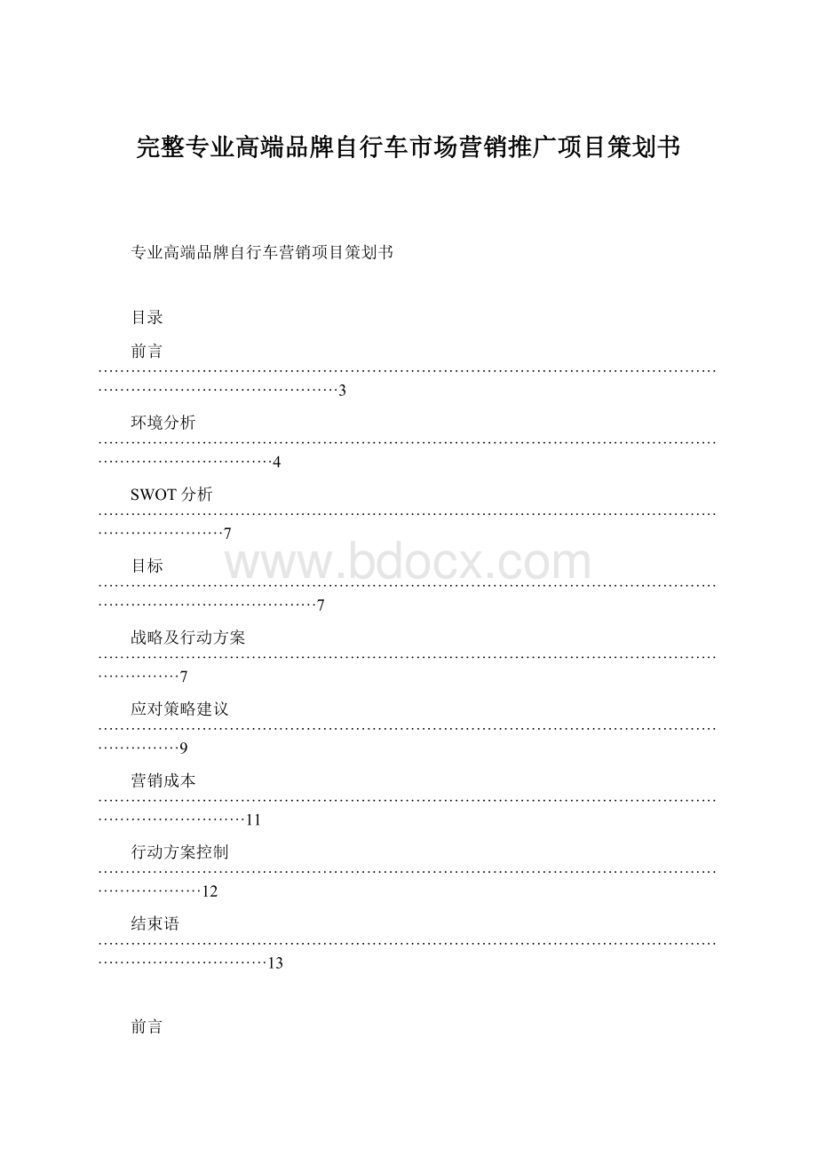 完整专业高端品牌自行车市场营销推广项目策划书文档格式.docx