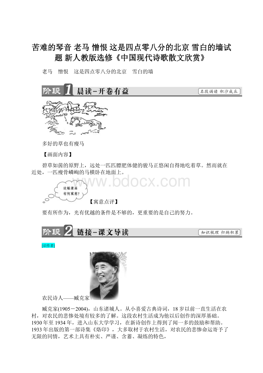 苦难的琴音 老马 憎恨 这是四点零八分的北京 雪白的墙试题 新人教版选修《中国现代诗歌散文欣赏》.docx