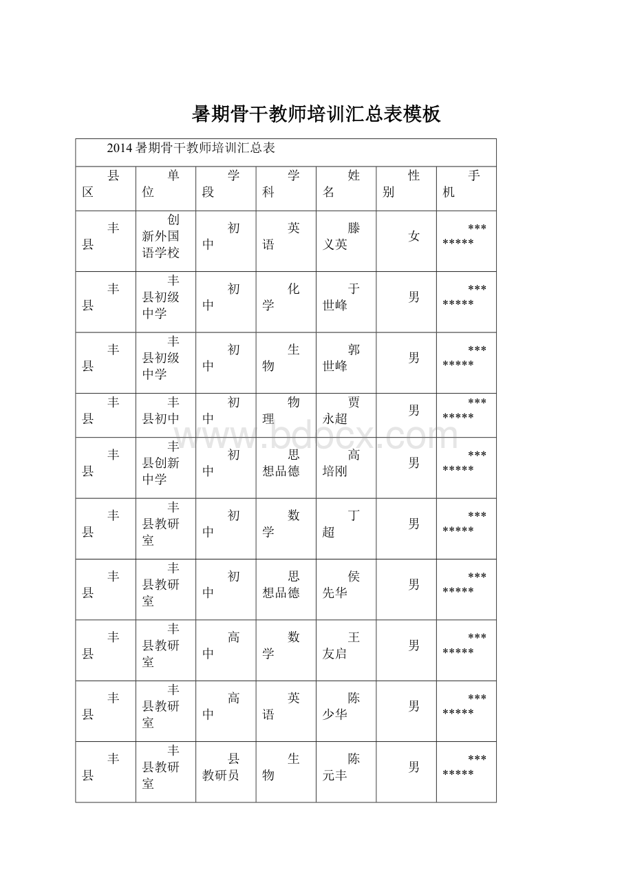 暑期骨干教师培训汇总表模板.docx