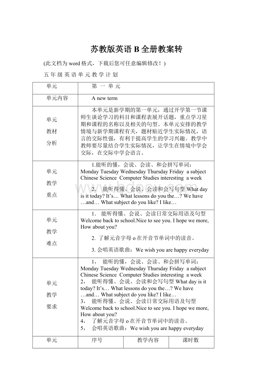 苏教版英语B全册教案转Word文档格式.docx