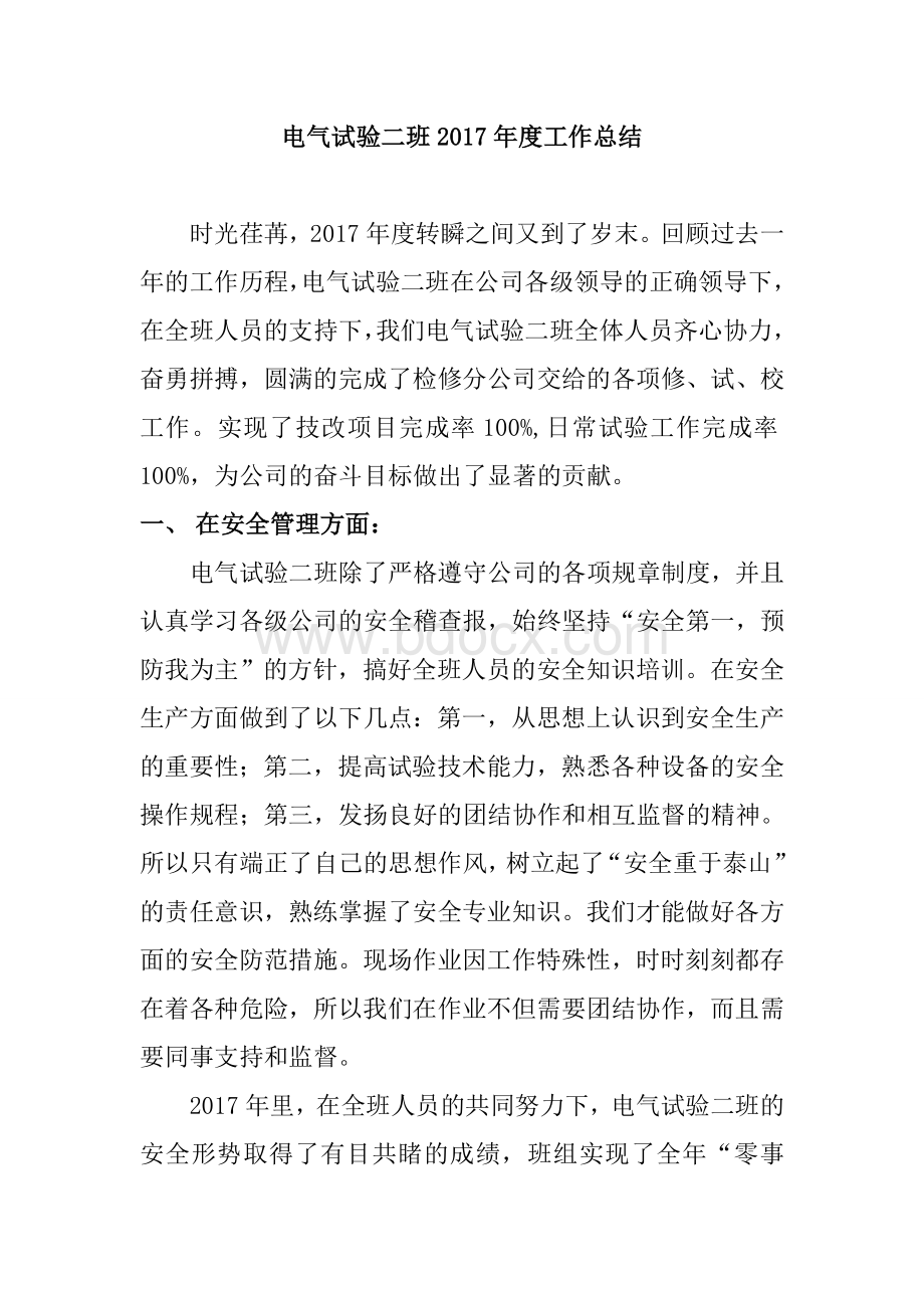 电气试验二班年度工作总结文档格式.doc