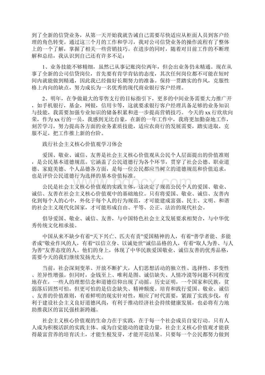 三严三实不作为乱作为自查报告银行业务部个人工作总结践行社会主义核心价值观学习体会合集.docx_第2页