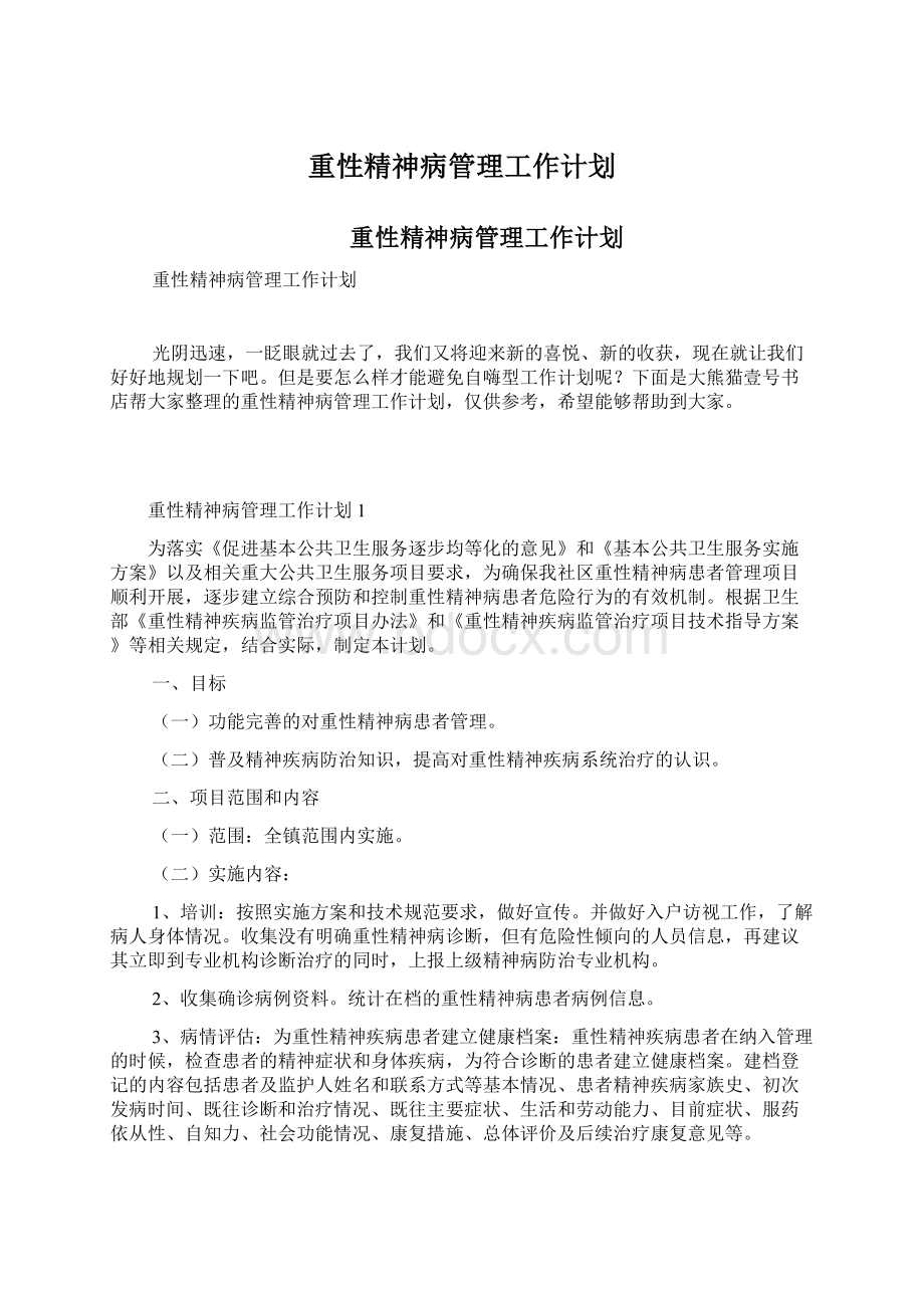 重性精神病管理工作计划Word文档格式.docx