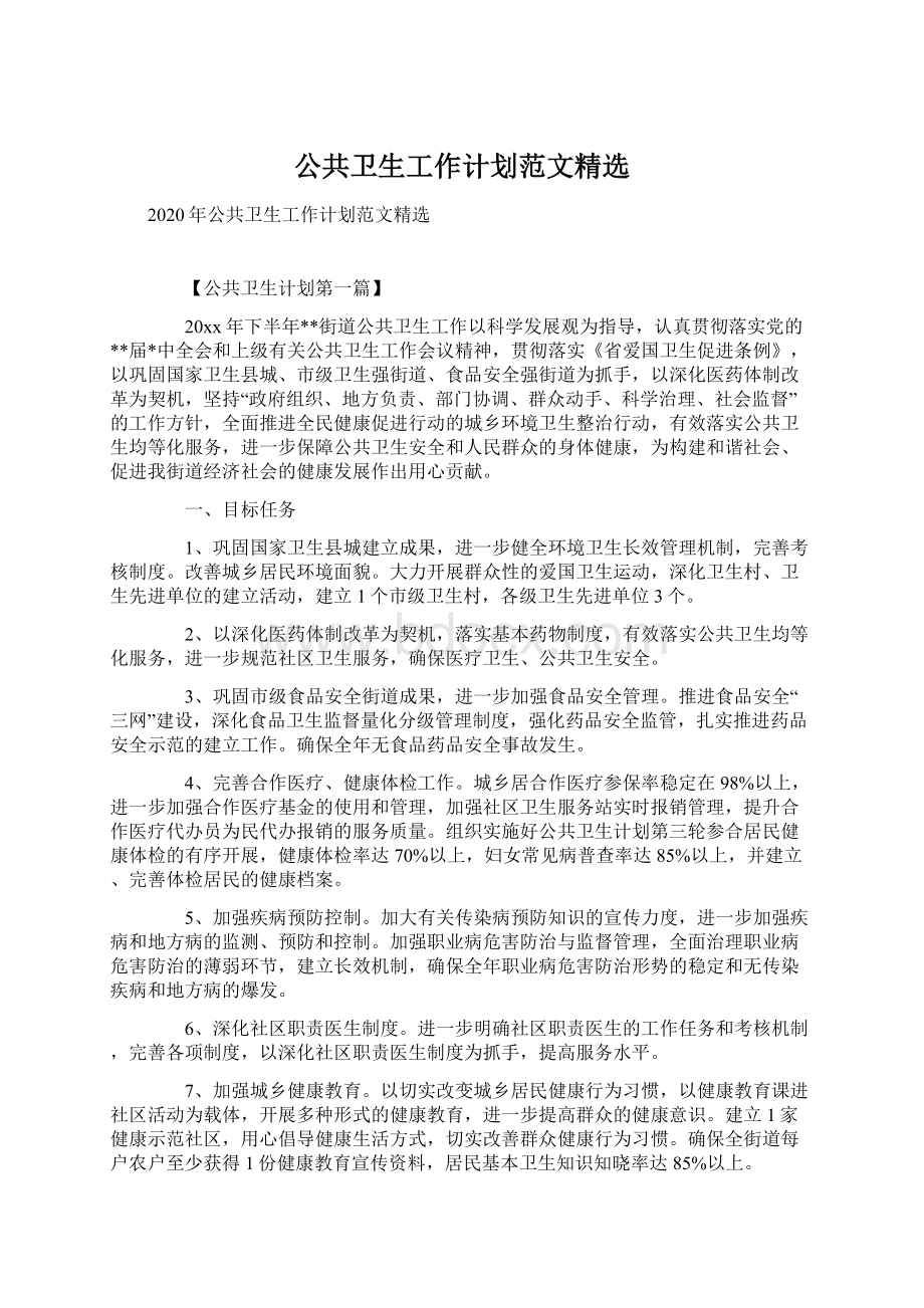 公共卫生工作计划范文精选Word下载.docx